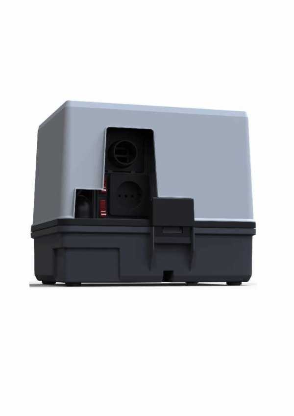 mini box MINI BOX EMC, a gray and black power outlet device, shown on a white background.