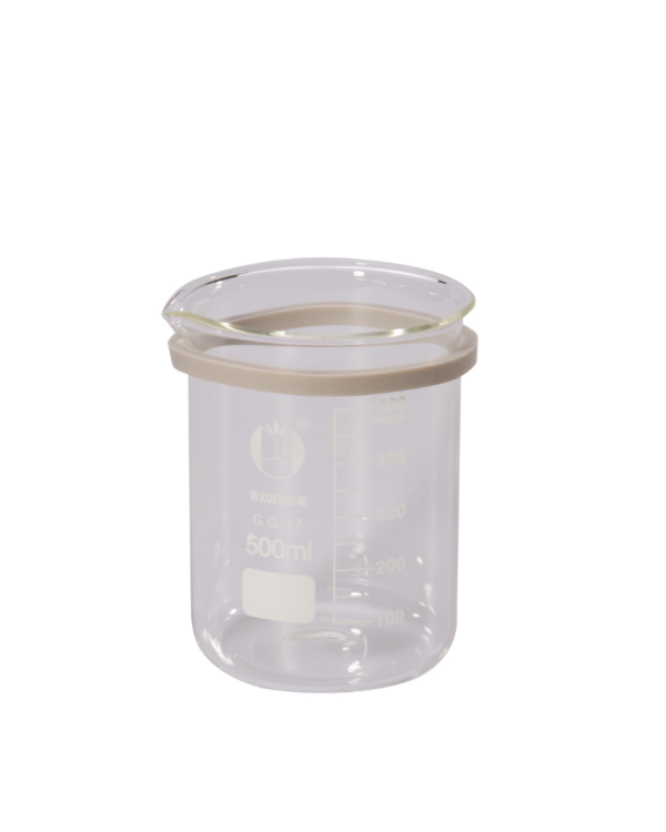 BEAKER DB-483123 BEAKER IN PIREX, trasparente con indicatori di misura, 500 ml, su sfondo bianco.