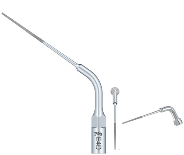 Primo piano di una lima dentale E4D-INSERTO ABLATORE con una punta sottile e angolata.
