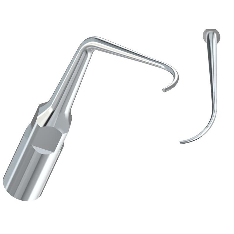 Close-up of PD2R-TIP FOR SCALER’s curved, pointed metal tip on a white background.