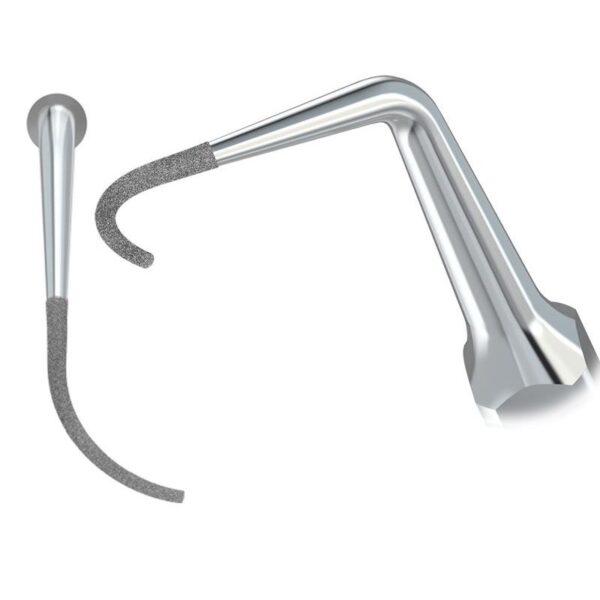 Due utensili PD2LD-INSERTO ABLATORE angolati con punte in metallo strutturate e ricurve.