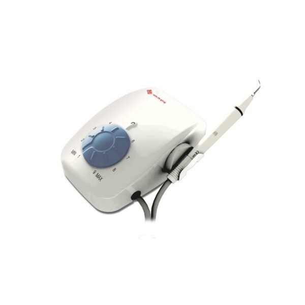 Ablatore dentale UDS-K, bianco con quadrante di controllo blu e manipolo collegato.