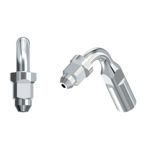 Two E2-TIP FOR SCALER metal nozzles, straight and bent, on white background.
