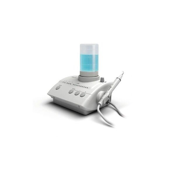 Ablatore dentale a ultrasuoni UDS-E con manipolo e contenitore dell'acqua di colore bianco.