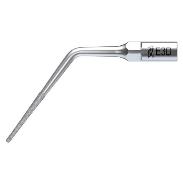 Una lima dentale in metallo con punta curva, denominata ED3D-INSERTO ABLATORE.