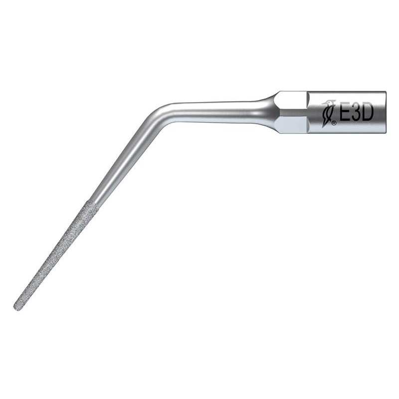 Una lima dentale in metallo con punta curva, denominata ED3D-INSERTO ABLATORE.