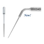 Two E4D-TIP FOR SCALER dental files: one straight, one curved, metallic.
