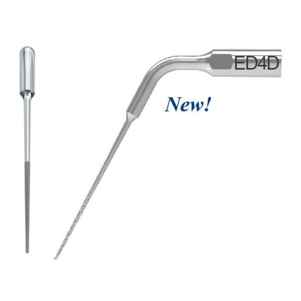 Two E4D-TIP FOR SCALER dental files: one straight, one curved, metallic.