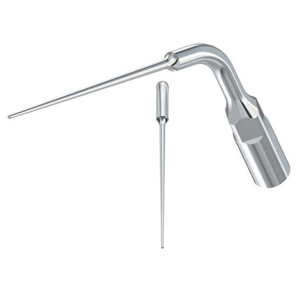 Due punte per irrigazione dentale ED4-INSERTO ABLATORE in acciaio inox, angolate e diritte.