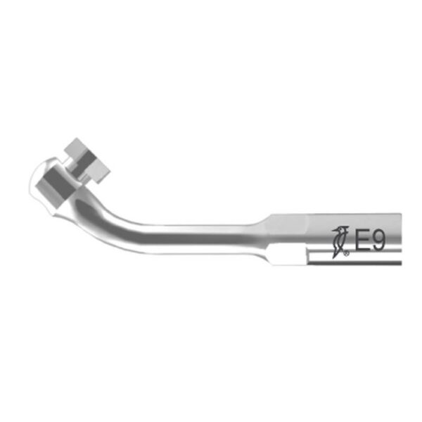 Close-up of a metal dental tool with "E9-TIP FOR SCALER" engraved on the handle.