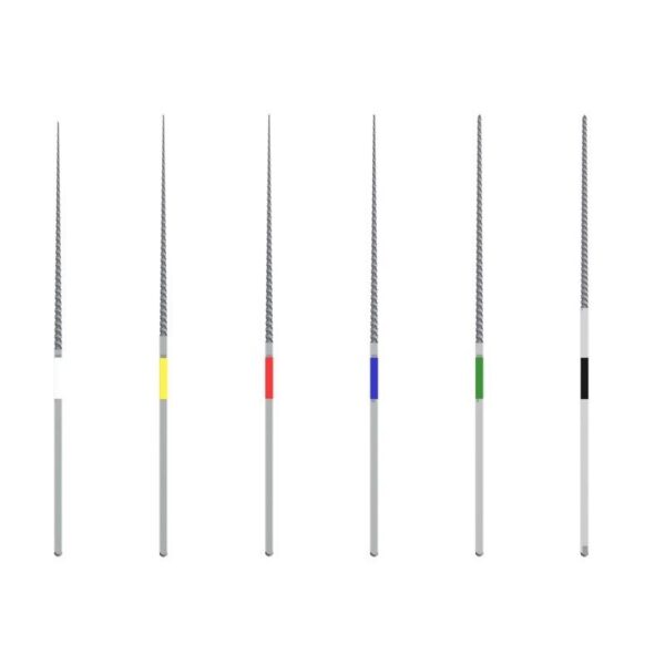 Six NITI K-FILE 25 dental files with colored bands are arranged on a white background.