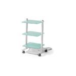 SERVUS TOP three-tiered glass utility cart with white frame, wheels, and a coiled cable.