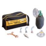 BETA manual resuscitator kit with bag, mask, airways, forceps, and accessories shown.