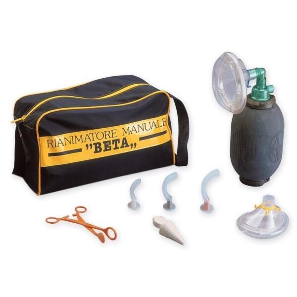 BETA manual resuscitator kit with bag, mask, airways, forceps, and accessories shown.