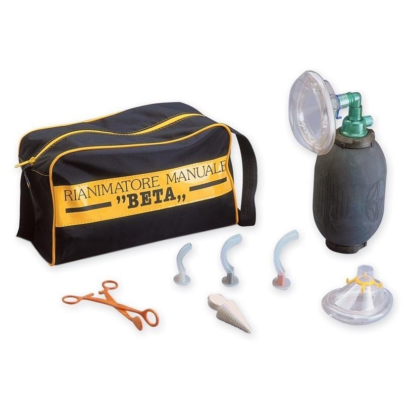 BETA manual resuscitator kit with bag, mask, airways, forceps, and accessories shown.