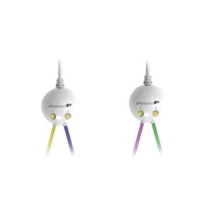 Due connettori rotondi ELECTRA 4 - ELETTROTERAPIA con fili colorati collegati.