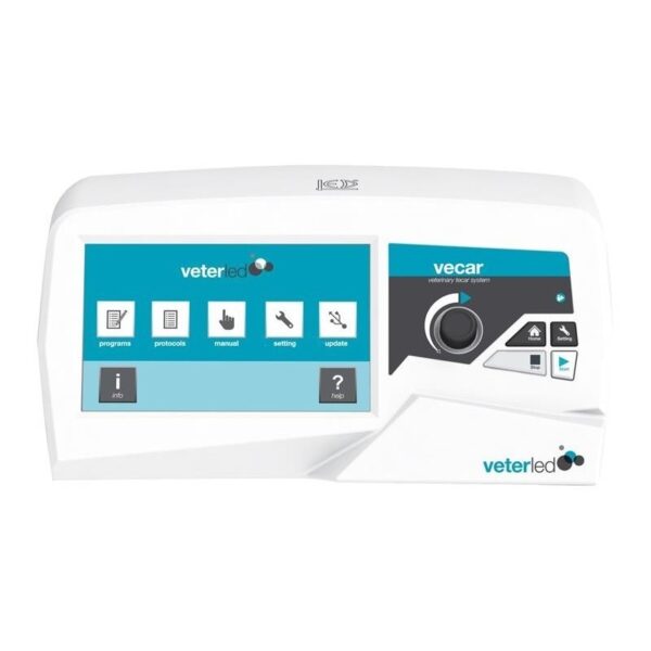 VECAR Dispositivo a LED VECAR bianco per veterinari con display digitale, pulsanti e ghiera di controllo.