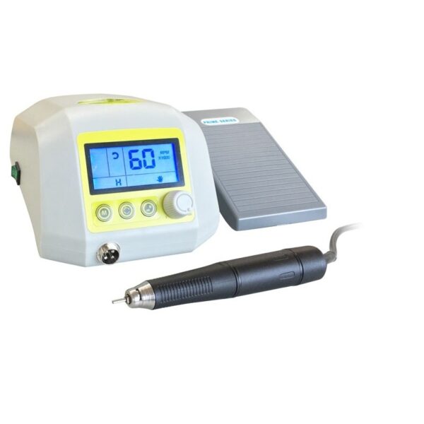 La fresa elettronica per unghie PRIME 926 BRUSHLESS è dotata di display digitale, pulsanti di controllo, manipolo nero e pedale grigio, ideale per manicure e pedicure professionali.