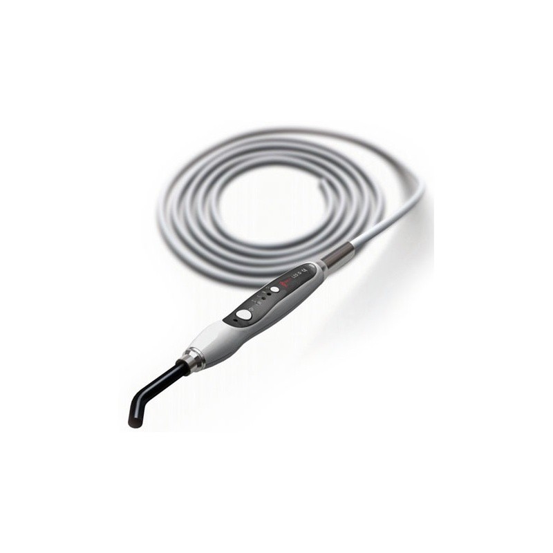 The LED.G is a dental curing light with a coiled cord and handle control buttons.