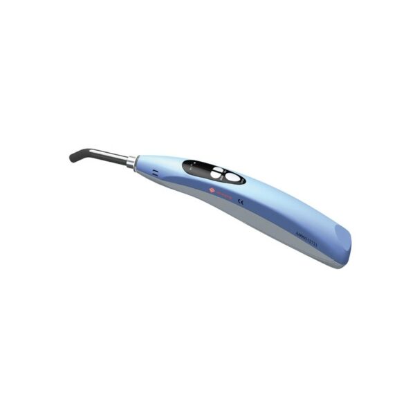 The LED.D is a blue handheld dental curing light with a black tip and control buttons.