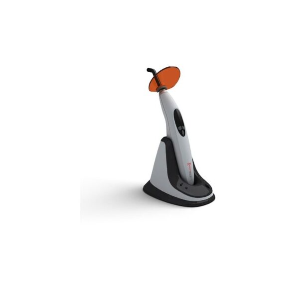Lampada dentale LED.E cordless con schermo arancione e base di ricarica.