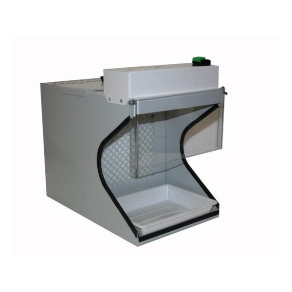 DUST SUCTION BENCH MINI TYPE with clear front panel and white collection tray.