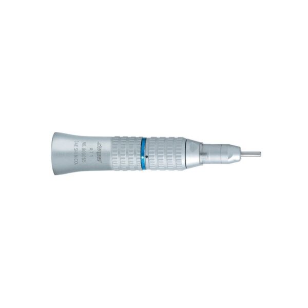 AUTOCLAVABLE HANDPIECE 1:1 with textured grip, blue ring, silver, horizontal.