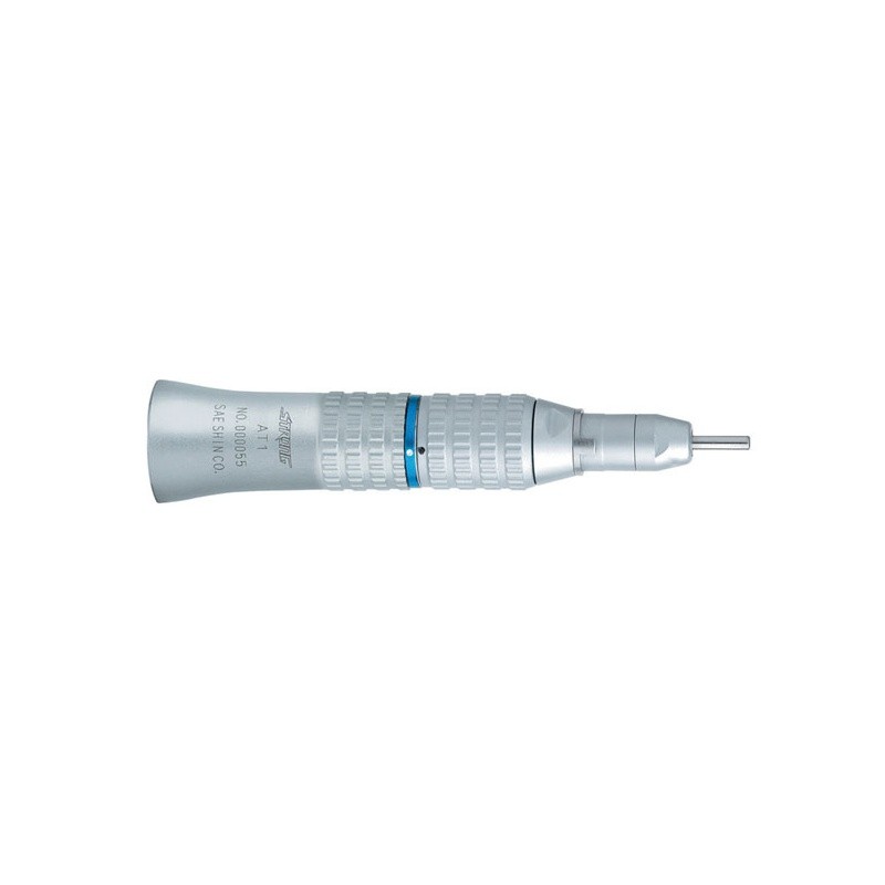 AUTOCLAVABLE HANDPIECE 1:1 with textured grip, blue ring, silver, horizontal.