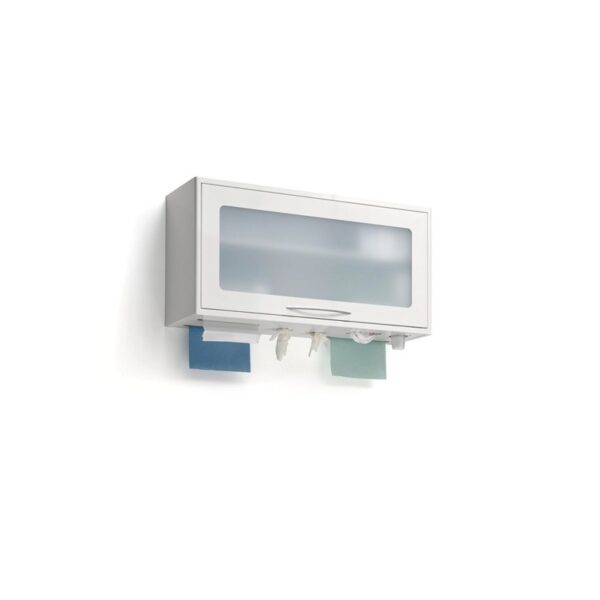 PDM wall-mounted white cabinet with frosted glass door for gloves and paper towels.