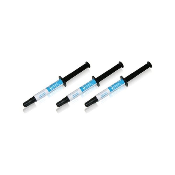 Three BLEACH GUM ACCELERATOR syringes with white labels sit on a white background.