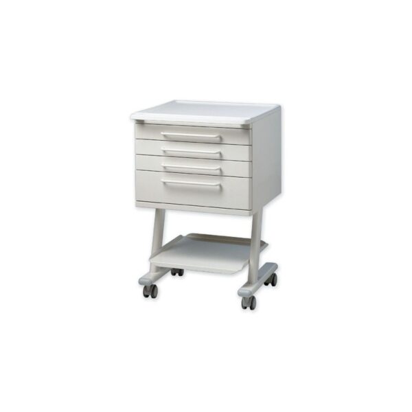 The EASY white metal rolling cabinet has four drawers and a lower shelf.