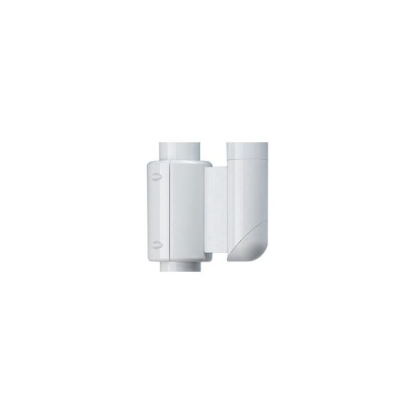 CLAMP 45 hinge mechanism in white, mounted to two vertical surfaces, side view.