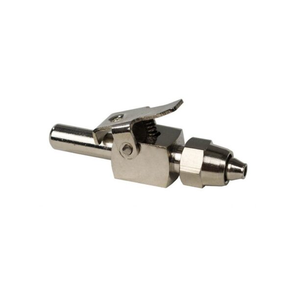 Quick connector for airbrush spray gun with trigger and threaded attachment.