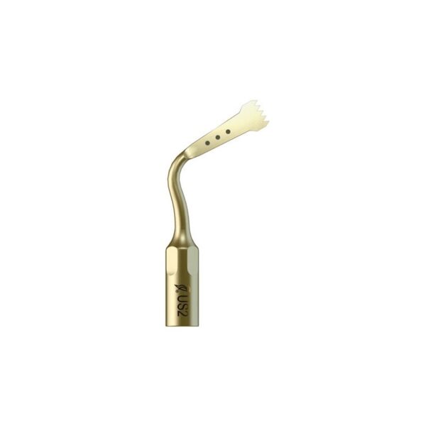 The US2 - TIP FOR OSTEOTOMY is a gold ultrasonic scaler tip with a curved, toothed end.