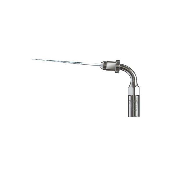 A metallic E2-TIP FOR SCALER with a long, thin, angled extension.