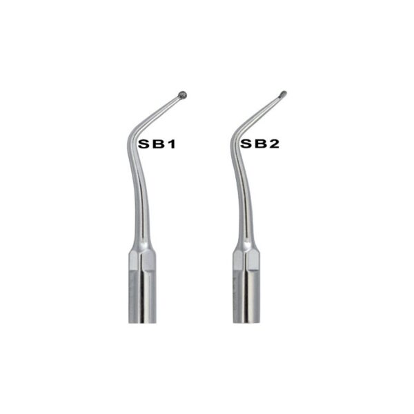 Due strumenti dentali SBD1-INSERTO ABLATORE in metallo con punte ricurve ed estremità rotonde.