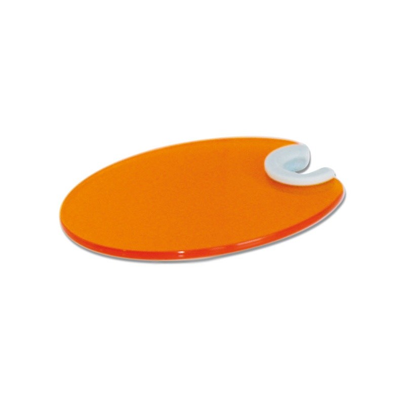 LIGHT HOOD orange oval cutting board with a white curved handle, top view.