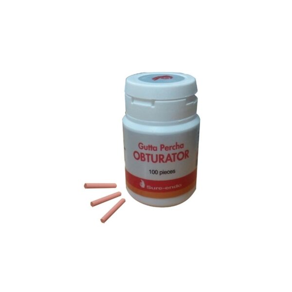 White GUTTAPERCHA bottle with three pink sticks beside it.