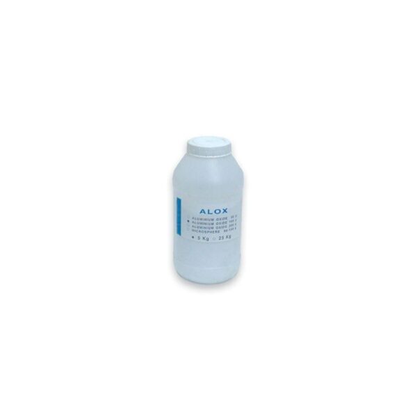 White bottle labeled ALUMINIUM OXIDE 100 MICRON on a plain white background.