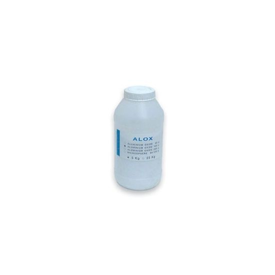 OSSIDO DI ALLUMINIO 200 MICRON Flacone bianco etichettato OSSIDO DI ALLUMINIO 200 MICRON con tappo a vite su sfondo bianco.
