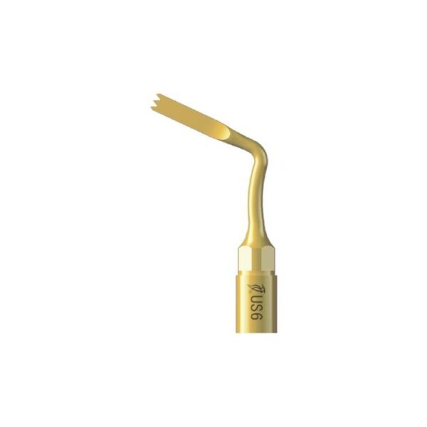 Punta scaler US6 - INSERTO PER OSTEOTOMIA di colore oro con estremità dentellata e angolata.
