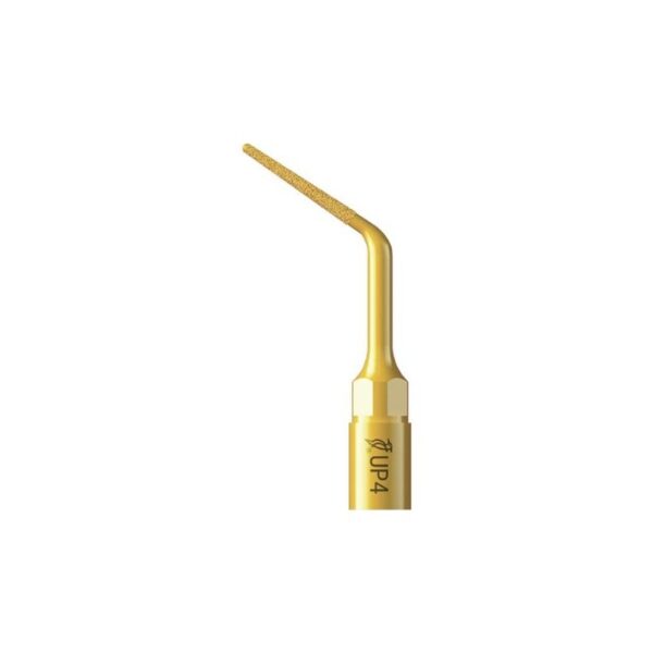 Yellow UP4 tip for periodontal surgery, angled and textured working end.