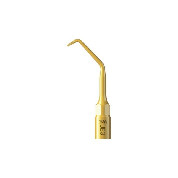 Close-up of the UE3 - TIP FOR ENDO RETRO gold dental scaler on a white background.