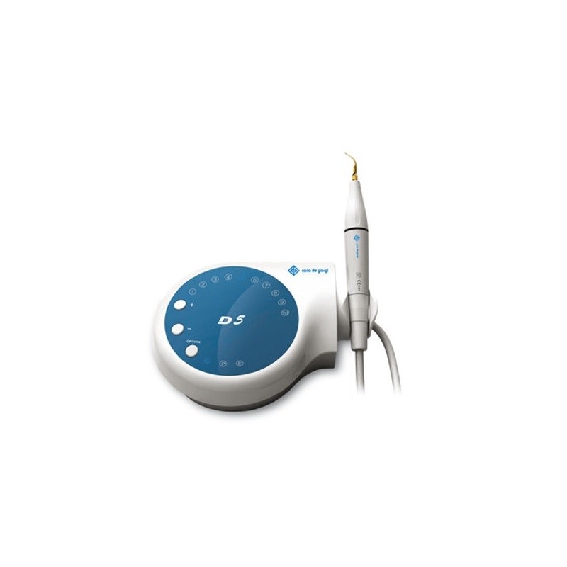 White and blue D5 ultrasonic scaler with handpiece and control panel.