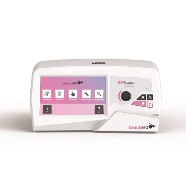 RF ABLATOR ABLATORE RF in bianco e rosa con touchscreen e pulsanti di controllo.
