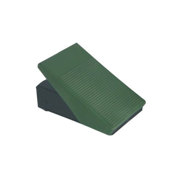 FOOTPRINT RHEOSTAT green plastic doorstop wedge with ribbed surface on white background.