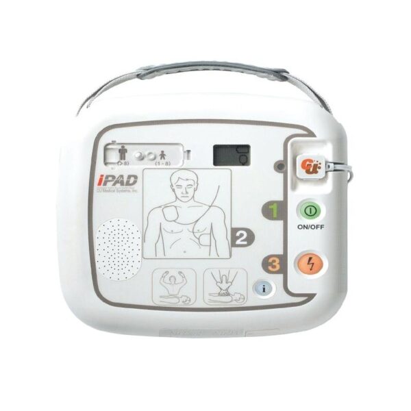 White IPAD CU SP1 defibrillator with labeled buttons and illustrated usage guide.