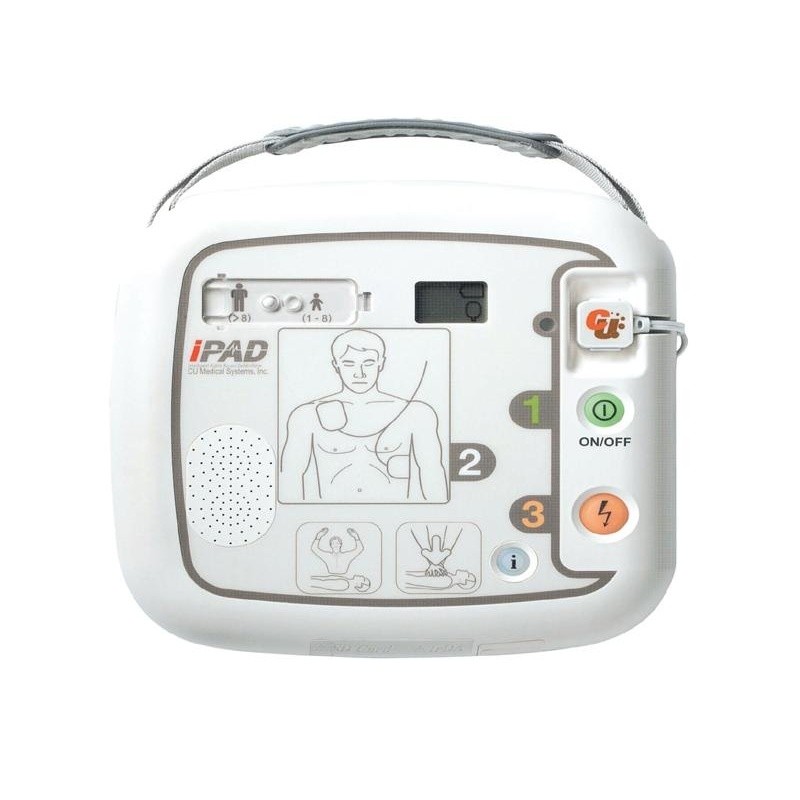 White IPAD CU SP1 defibrillator with labeled buttons and illustrated usage guide.