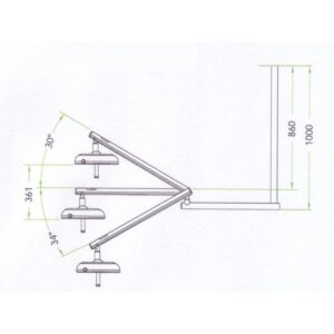 Technical drawing of the D6 HEXA adjustable lamp arm showing three angles and measurements.