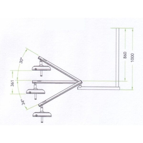 Technical drawing of the D6 HEXA adjustable lamp arm showing three angles and measurements.